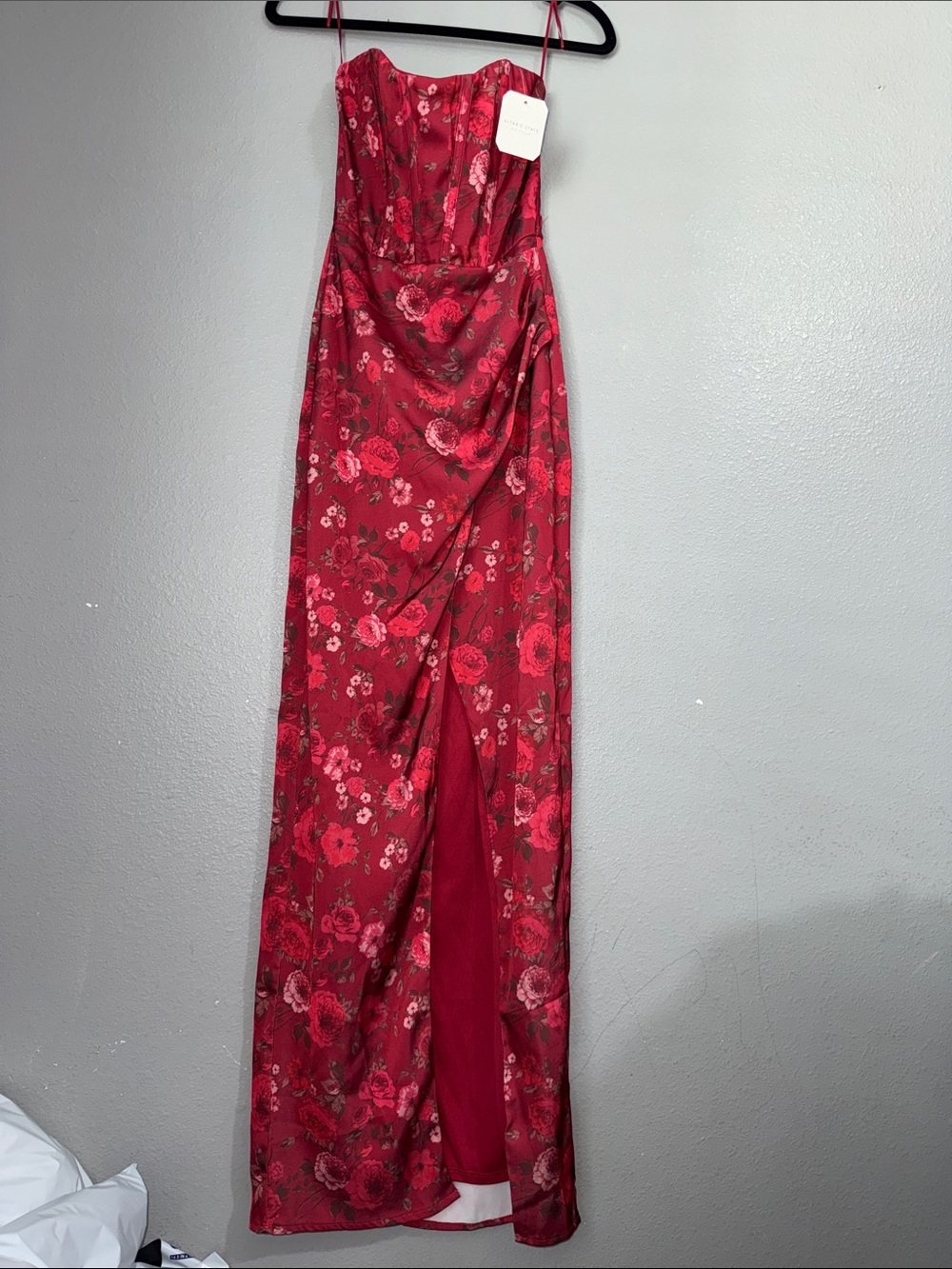 Altar'd State Red Floral Strapless Maxi Dress